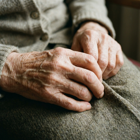 Detailaufnahme der Hände einer älteren Person, die nervös auf dem Schoß gefaltet sind. Die Haut ist faltig und zeigt Lebenserfahrung. Weiches Licht, fokussierte und emotionale Bildsprache.