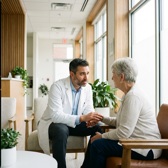 Ein besorgter Arzt im weißen Kittel spricht einfühlsam mit einer älteren Patientin in einer hellen, modernen Praxis. Vertrauensvolle Atmosphäre, realistische Szene.