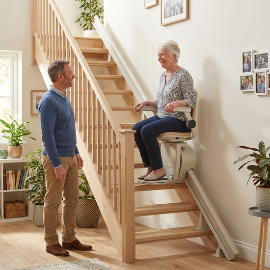 Eine ältere, lächelnde Frau fährt sicher auf einem modernen Treppenlift eine helle Holztreppe hinauf. Ein Angehöriger steht unten und lächelt ihr zu. Freundliche, sichere häusliche Umgebung.