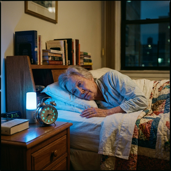 Eine ältere Frau liegt wach im Bett, schaut auf einen altmodischen Wecker auf dem Nachttisch, sanftes blaues Nachtlicht im Raum.