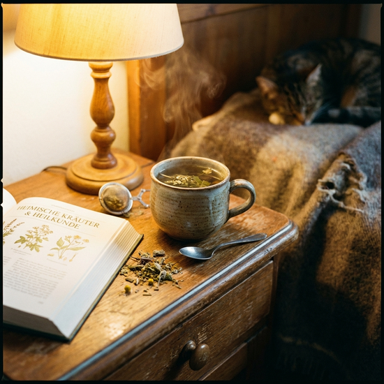 Ein detaillierter Blick auf eine Tasse dampfenden Kräutertee neben einem aufgeschlagenen Buch auf einem hölzernen Nachttisch, warme Beleuchtung.