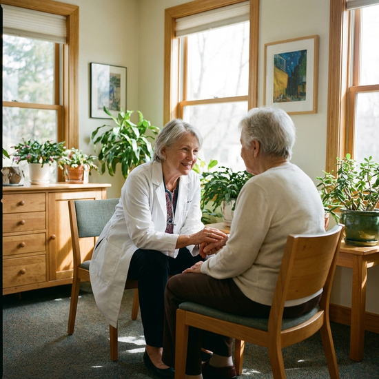 Ein Arzt im weißen Kittel spricht einfühlsam mit einer älteren Patientin in einer hellen, freundlichen Praxis.