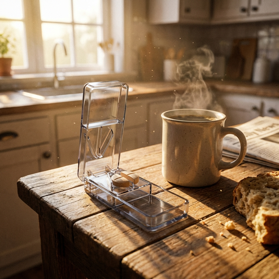 Ein Tablettenteiler liegt auf einem Holztisch neben einer Tasse Kaffee im hellen Morgenlicht.