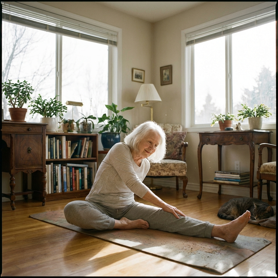 Eine ältere Dame macht entspannende Dehnübungen auf einer Yogamatte im sonnendurchfluteten Wohnzimmer.