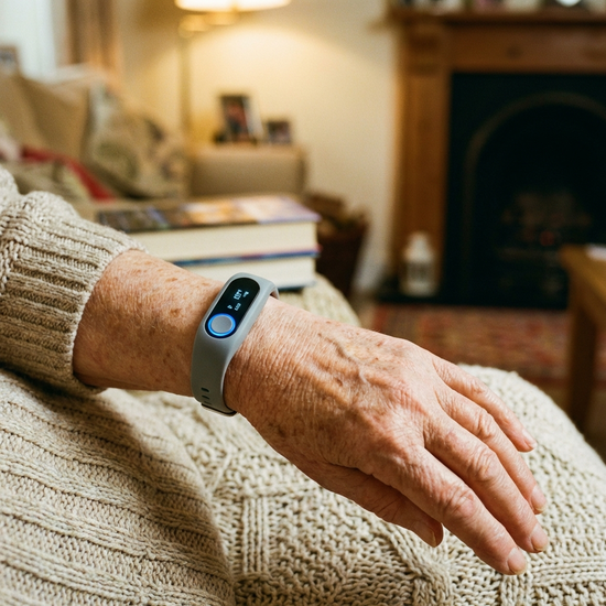 Nahaufnahme eines modernen Hausnotruf-Armbands am Handgelenk einer älteren Person, gemütlicher Hintergrund im Fokus.