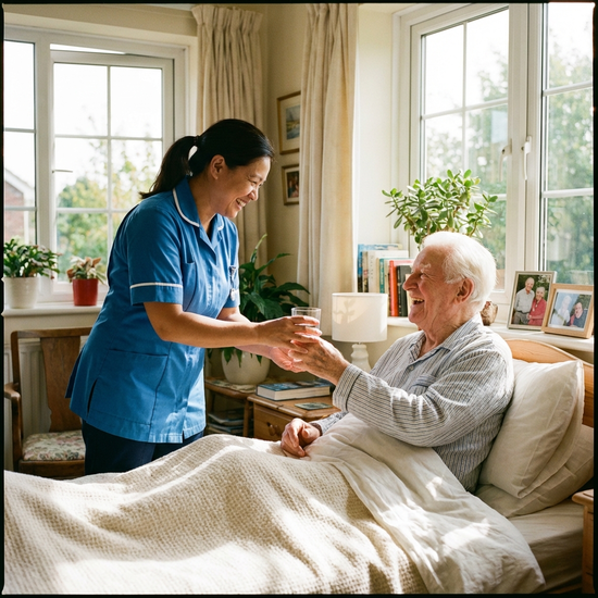 Eine freundliche Pflegekraft reicht einem lächelnden Senior ein Glas Wasser im gut beleuchteten Schlafzimmer.