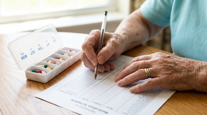 Ein detaillierter Blick auf die Hände einer älteren Frau, die mit einem Stift auf einem gedruckten Medikationsplan abhakt. Eine aufgeschlagene Tablettenbox liegt griffbereit daneben. Helles, natürliches Licht.