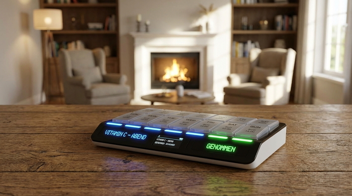 Eine moderne, elektronische Tablettenbox mit leuchtenden LED-Anzeigen auf einem eleganten Holztisch. Im Hintergrund ist unscharf eine gemütliche Wohnzimmerumgebung zu erkennen.