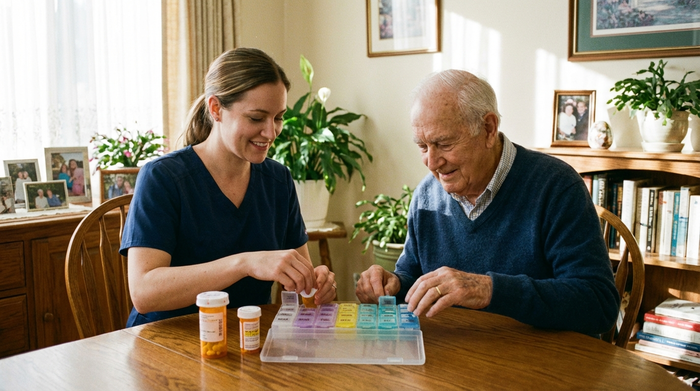 Eine Pflegerin und ein Senior sitzen gemeinsam am Tisch und befüllen systematisch einen großen Wochendispenser. Beide lächeln leicht, die Stimmung ist vertrauensvoll und fokussiert.