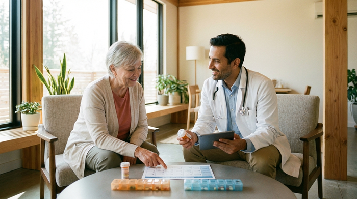 Ein fürsorglicher Arzt in weißem Kittel sitzt einem älteren Patienten in einem modernen, hellen Sprechzimmer gegenüber. Sie besprechen ruhig und vertrauensvoll den aktuellen Medikamentenplan.