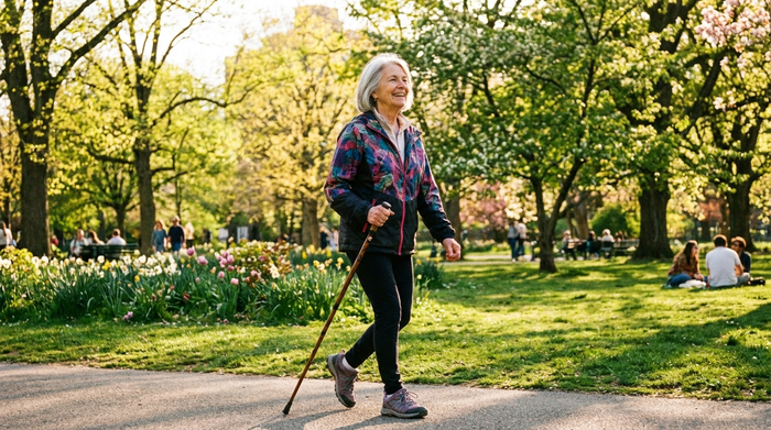 Eine rüstige Seniorin spaziert bei strahlendem Sonnenschein mit einem Gehstock durch einen grünen Park. Sie wirkt vital, gesund und genießt die frische Luft.