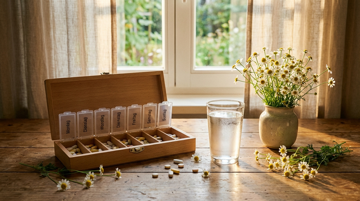 Ein detailliertes Stillleben auf einem Küchentisch: Eine Medikamentenbox mit Fächern für Wochentage, daneben ein Glas Wasser und frische Kamillenblüten in weichem Morgenlicht.