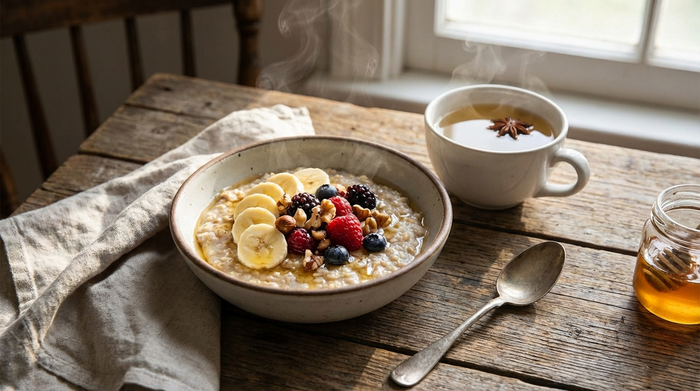 Eine liebevoll angerichtete Schale mit warmem Haferbrei, garniert mit reifen Bananenscheiben, steht auf einem rustikalen Holztisch. Daneben dampft eine frische Tasse Fencheltee.