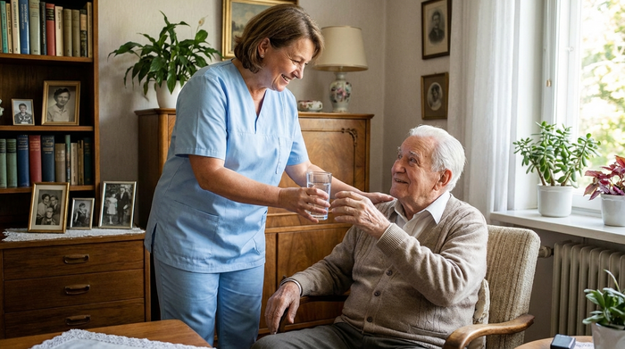 Eine freundliche, lächelnde Pflegekraft in hellblauer Arbeitskleidung reicht einem älteren Herrn liebevoll ein Glas Wasser in einem gemütlich eingerichteten Wohnzimmer.