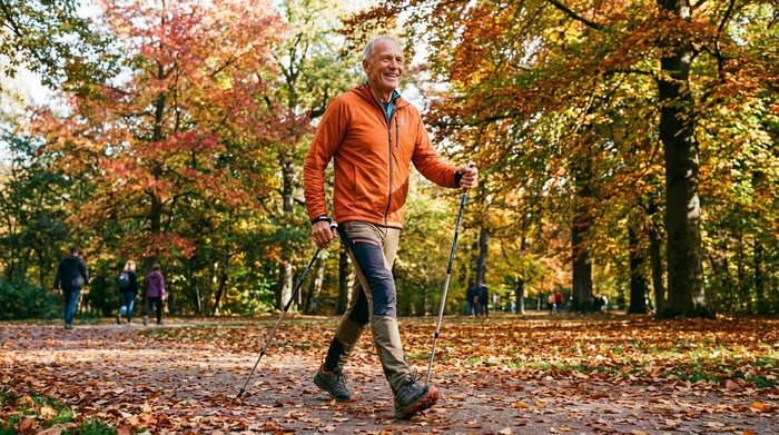 Ein älterer Herr walkt mit Nordic-Walking-Stöcken durch einen herbstlichen Park. Er trägt sportliche Kleidung und wirkt aktiv und gesund.