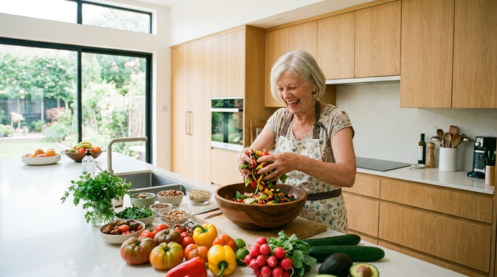 Eine fröhliche Seniorin bereitet in einer modernen Küche einen bunten Salat mit frischem Gemüse zu. Gesunde Zutaten liegen auf der Arbeitsplatte.