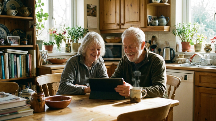 Ein älteres Ehepaar sitzt entspannt am Küchentisch und schaut zufrieden auf ein Tablet. Eine Kaffeetasse steht daneben, gemütliche Wohnatmosphäre.