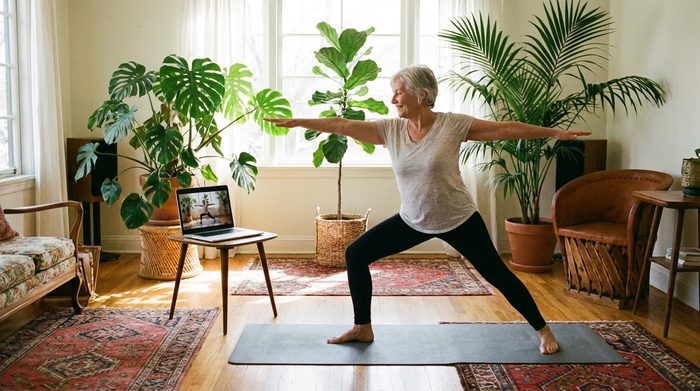 Eine rüstige Dame macht Yoga-Übungen auf einer Matte im Wohnzimmer, während sie auf einen Laptop-Bildschirm schaut. Helles Zimmer, große Zimmerpflanzen im Hintergrund.