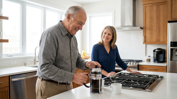 Ein älterer Herr steht selbstständig an einer Küchenzeile und bereitet Kaffee zu, während eine fürsorgliche Betreuungskraft im Hintergrund aufmerksam zuschaut und Sicherheit vermittelt. Helle, saubere Küche.