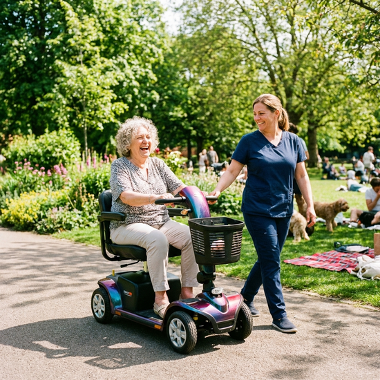 Eine fröhliche ältere Frau sitzt bequem auf einem modernen Elektromobil in einem sonnigen Park. Eine Betreuungskraft geht lächelnd neben ihr her. Viel Grün und strahlender Sonnenschein.