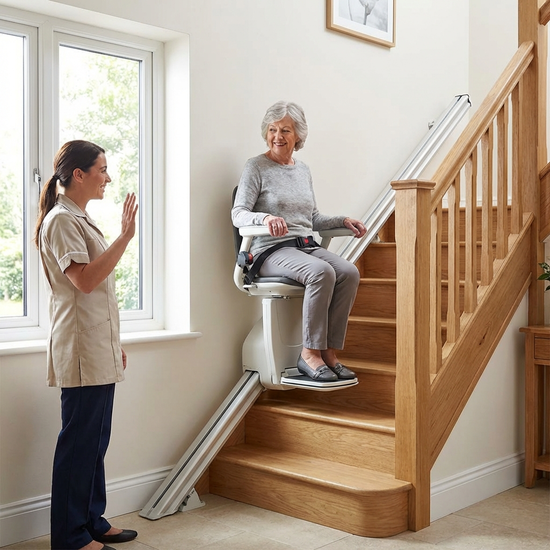 Ein moderner, unauffälliger Treppenlift in einem gepflegten Einfamilienhaus. Eine ältere Person sitzt sicher angeschnallt darauf und fährt entspannt nach oben, während eine Pflegekraft unten aufmunternd lächelt.