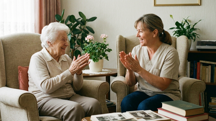 Eine ältere Dame und ihre Betreuungskraft sitzen sich in bequemen Sesseln gegenüber und klatschen fröhlich im Takt zu Musik. Sanftes Licht und eine warme, beruhigende Atmosphäre im Raum.