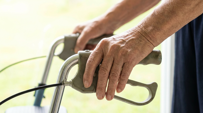 Nahaufnahme: Die Hände einer älteren Person ruhen entspannt auf den ergonomischen Griffen eines Rollators. Die Person steht aufrecht, die Griffe sind exakt auf Höhe der Handgelenke eingestellt. Helle, freundliche Beleuchtung.