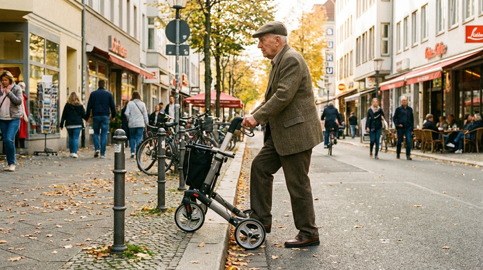 Ein Senior mit aufrechter Haltung navigiert seinen Rollator sicher über eine flache Bordsteinkante an einem sonnigen Herbsttag. Der Fuß tippt leicht auf die Ankipphilfe am Hinterrad. Fotorealistisch, städtische Umgebung.