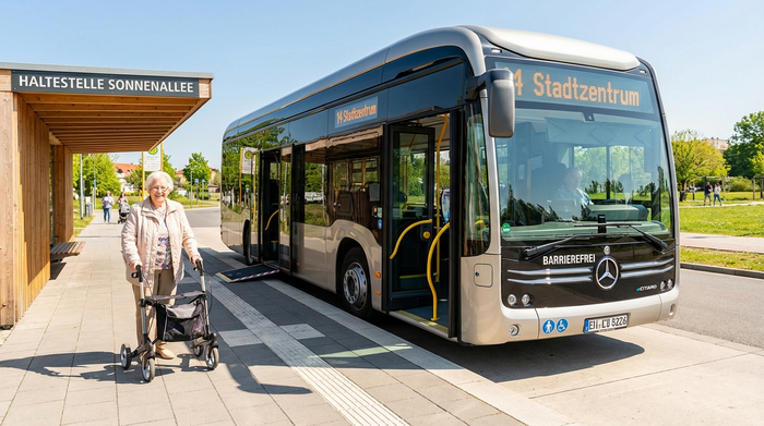 Ein moderner, barrierefreier Linienbus mit geöffneten Türen an einer sonnigen Haltestelle. Eine ältere Dame steht mit ihrem Rollator sicher und geduldig wartend auf dem gepflegten Gehweg. Klare, freundliche Szene.