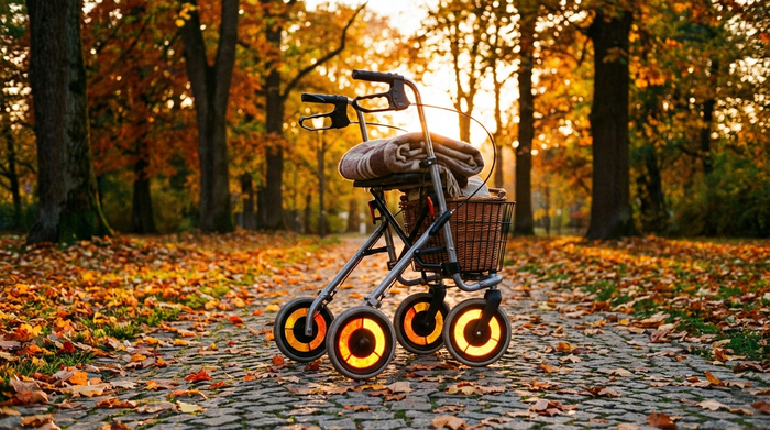 Ein Rollator mit leuchtenden Reflektoren an den Rädern steht sicher auf einem leicht mit bunten Herbstblättern bedeckten Gehweg in einem Park. Warmes Herbstlicht, sichere und friedliche Atmosphäre.