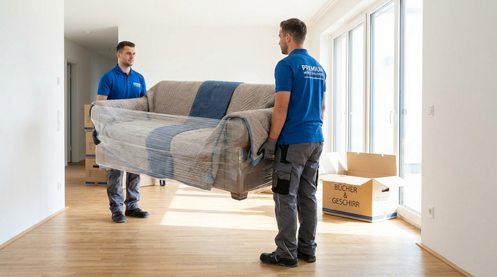 Professionelle Möbelpacker in sauberer Arbeitskleidung tragen vorsichtig ein verpacktes Sofa durch einen breiten, hellen Flur. Im Hintergrund steht ein offener Umzugskarton. Realistische Szene, gutes Licht.