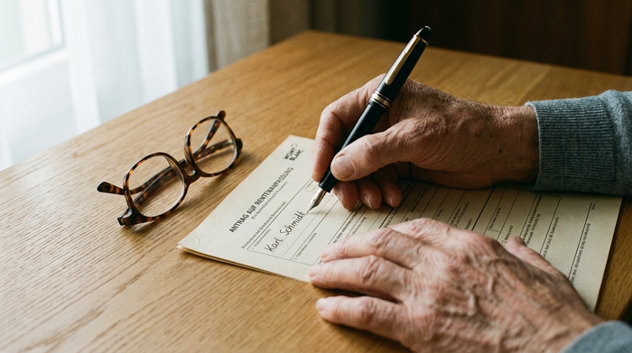 Eine Nahaufnahme von älteren Händen, die mit einem eleganten Füller ein Formular ausfüllen. Daneben liegt eine Lesebrille auf einem aufgeräumten Holzschreibtisch. Sanftes Tageslicht fällt durch ein Fenster.