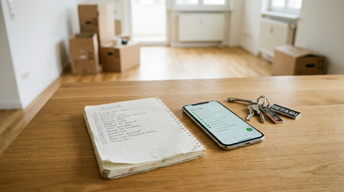 Ein Notizbuch mit abgehakten Punkten liegt neben einem Smartphone und einem Schlüsselbund auf einem sauberen Tisch. Im unscharfen Hintergrund sieht man eine ordentliche, bereits leere Wohnung.