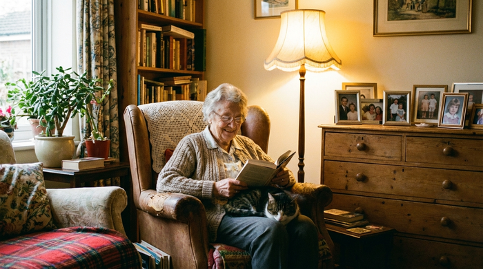 Eine ältere Frau sitzt entspannt in einem bequemen Sessel in ihrem neuen, gemütlichen Wohnzimmer und liest ein Buch. Eine warme Stehlampe leuchtet, gerahmte Familienfotos stehen auf einer Kommode.