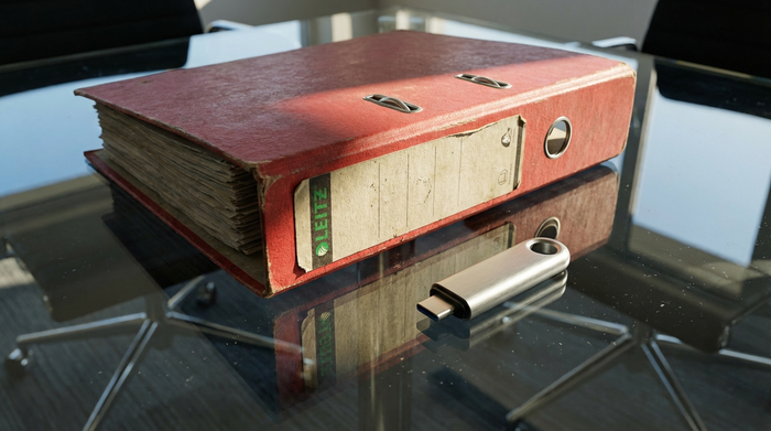 Ein robuster, roter Aktenordner liegt neben einem modernen, silbernen USB-Stick auf einem gläsernen Tisch. Helles, klares Licht fokussiert auf die Kombination aus traditioneller und moderner Speicherung.