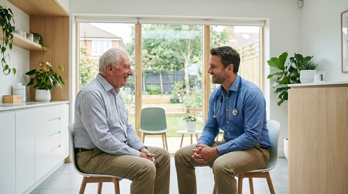 Ein älterer Herr im Gespräch mit einem freundlichen Arzt in einer hellen, modernen Praxis. Der Arzt trägt ein Stethoskop um den Hals, beide wirken entspannt und vertrauensvoll.