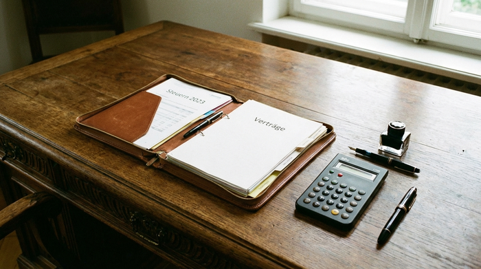 Eine ordentlich sortierte Mappe mit verschiedenen Dokumenten auf einem massiven Holztisch, daneben ein klassischer Taschenrechner und ein edler Füllfederhalter.