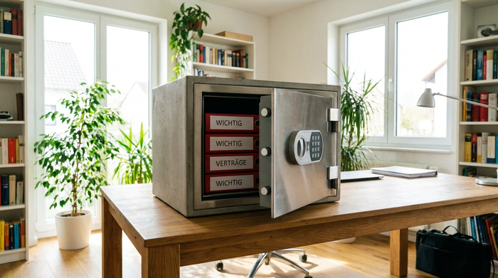 Ein kleiner, moderner und feuerfester Heimtresor, der leicht geöffnet in einem hellen Arbeitszimmer steht. Im Inneren sind rote Aktenordner sicher verstaut.