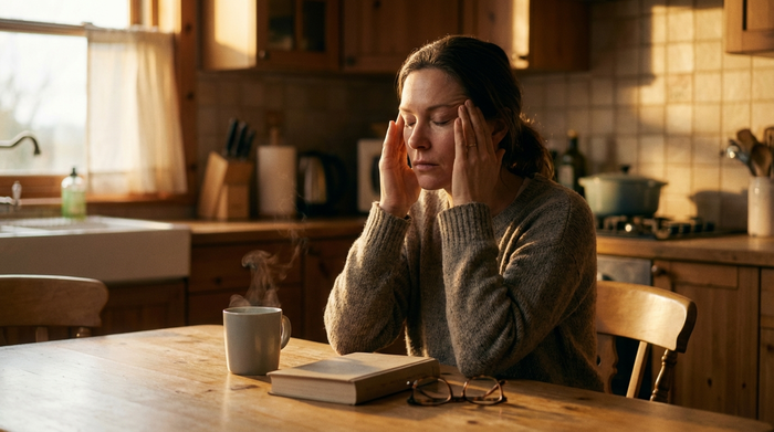 Eine nachdenkliche Frau massiert sich erschöpft die Schläfen, während sie an einem aufgeräumten, gemütlichen Küchentisch sitzt. Weiches, warmes Licht fällt durch das Fenster und erzeugt eine ruhige, aber emotionale Stimmung.