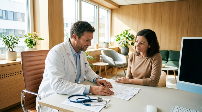 Ein freundlicher Arzt im weißen Kittel sitzt in einem hellen, modernen Sprechzimmer einer Patientin gegenüber. Er erklärt ihr einfühlsam Dokumente. Die Stimmung ist vertrauensvoll und professionell.