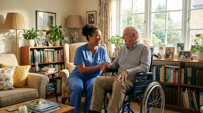 Eine liebevolle Pflegekraft in blauer Dienstkleidung lacht gemeinsam mit einem älteren Herrn im Rollstuhl in einem gemütlichen, gut beleuchteten Wohnzimmer. Die Atmosphäre ist durchweg positiv und beruhigend.