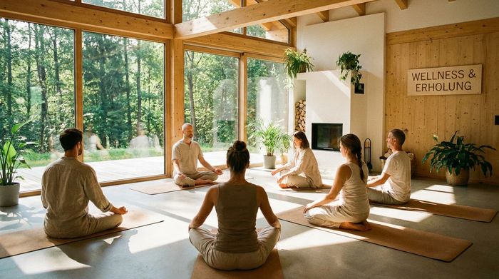 Eine kleine Gruppe von Erwachsenen macht entspannende Yoga-Übungen auf Matten in einem lichtdurchfluteten, modernen Gymnastikraum mit großen Fenstern zum Wald. Der Fokus liegt ganz auf Gesundheit und Erholung.