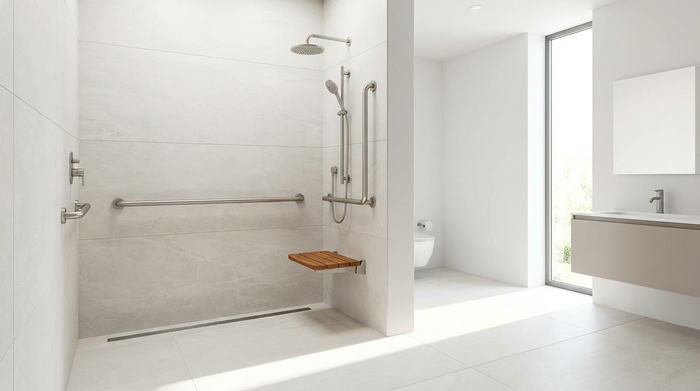 Eine moderne, barrierefreie und ebenerdige Dusche in einem hell gefliesten, sauberen Badezimmer. Elegante Haltegriffe an den Wänden sorgen für Sicherheit in einem stilvollen und funktionalen Ambiente.