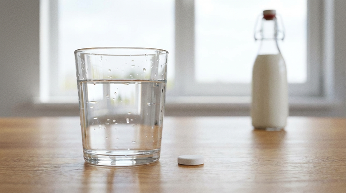 Nahaufnahme eines Glases Wasser neben einer weißen Tablette auf einem sauberen Holztisch. Im unscharfen Hintergrund steht eine verschlossene Milchflasche weit entfernt. Helle, freundliche Atmosphäre, fotorealistische Darstellung.