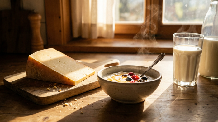 Eine Auswahl an Lebensmitteln auf einer Küchenanrichte: Ein Stück Hartkäse, eine Schale Naturjoghurt und ein Glas Hafermilch. Warmes Morgenlicht, realistische Darstellung ohne Text.