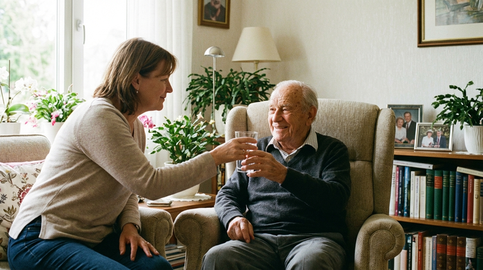 Ein fürsorglicher Angehöriger reicht einem lächelnden Senior ein Glas Wasser. Der Senior sitzt bequem in einem Sessel. Helle, freundliche Wohnzimmerumgebung, realistische und respektvolle Szene.