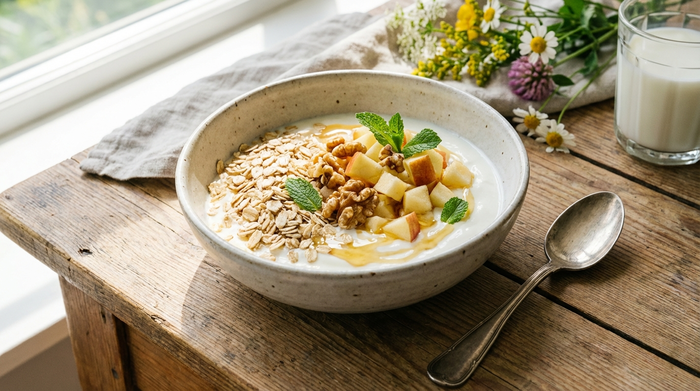Eine Schale mit frischem Naturjoghurt, garniert mit Haferflocken und Apfelstücken, auf einem rustikalen Holztisch. Ein silberner Löffel liegt daneben. Fokus auf gesunde Ernährung, hell und einladend.