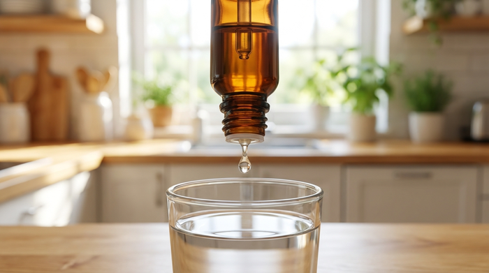 Eine braune Medizinflasche mit Tropfeinsatz wird senkrecht über ein Glas Wasser gehalten. Ein klarer Tropfen fällt gerade herab. Heller Küchenhintergrund, realistisch, ohne Schriftzüge.