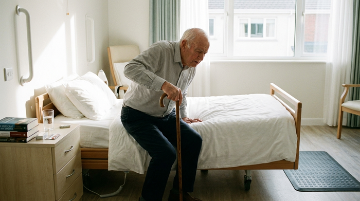 Ein älterer Mann stützt sich beim langsamen Aufstehen aus dem Bett vorsichtig auf seinen Gehstock. Das Schlafzimmer ist hell und aufgeräumt. Fokus auf Sicherheit und langsame Bewegungen.