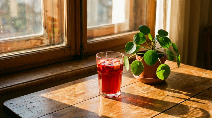 Ein Glas mit rotem Fruchtsaft steht auf einem Holztisch neben einer kleinen Zimmerpflanze. Das Sonnenlicht scheint durch das Fenster und erzeugt warme Reflexionen auf dem Tisch.